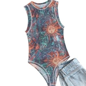 🍉5 for $25* Sun Print Sheer Mesh Bodysuit
